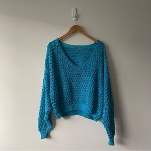 Free People Coconut V-Neck Oversized Cotton Blend Knit Pullover Turquois